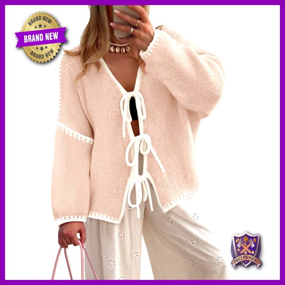 Oversized V-Neck Cardigan with Front Bow Tie, Soft Knit Fabric, Loose Fit